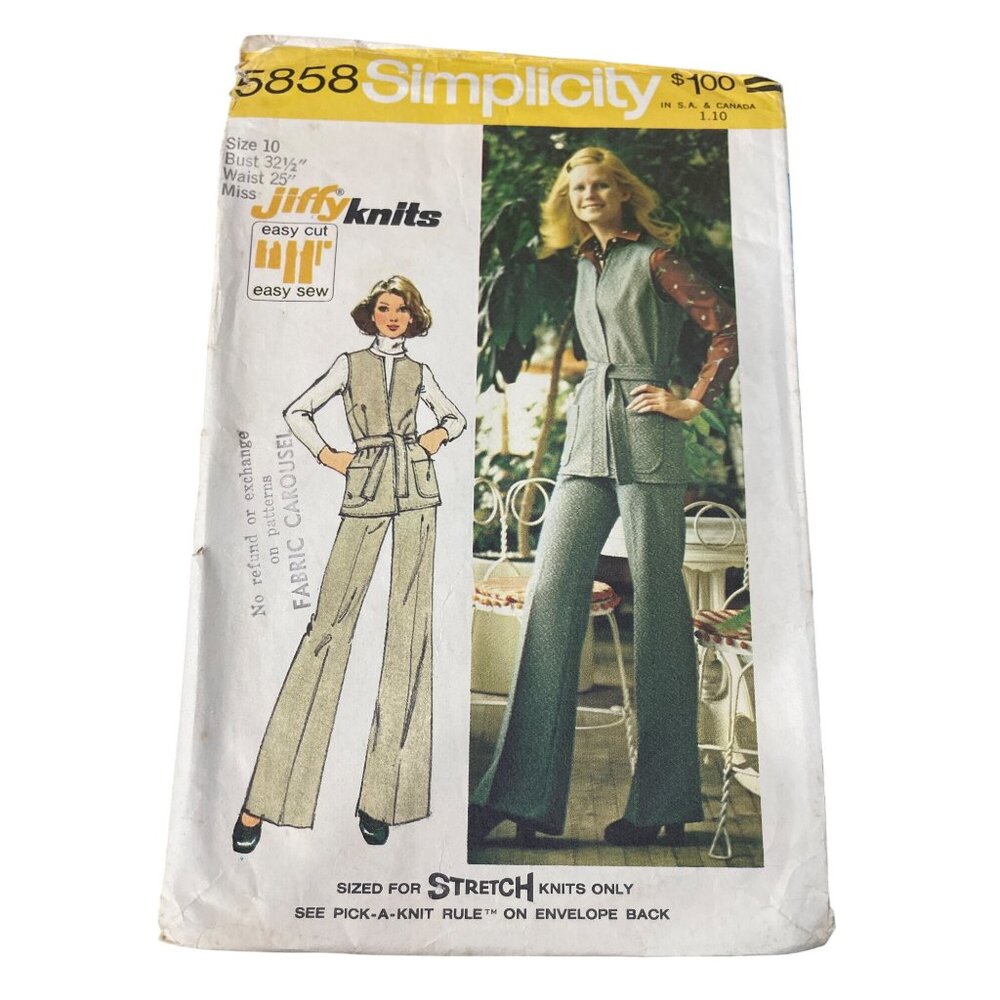 1973 Simplicity 5858 Misses Jiffy Knit Sewing Pattern Size 10 Vest Pant Easy Sew